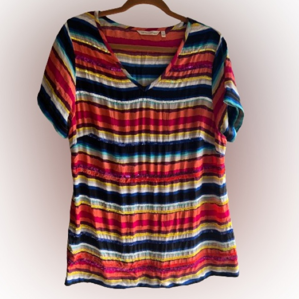 Soft Surroundings V-neck Short Sleeve‎ Vibrant Colorful Striped Tunic w/Sequins